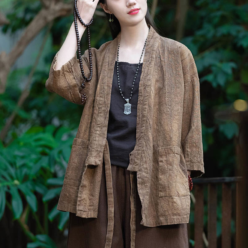 Buddha Stones Hanfu Design Płaszcz z lnu ramia z rękawami trzy czwarte i otwartym przodem - image 14