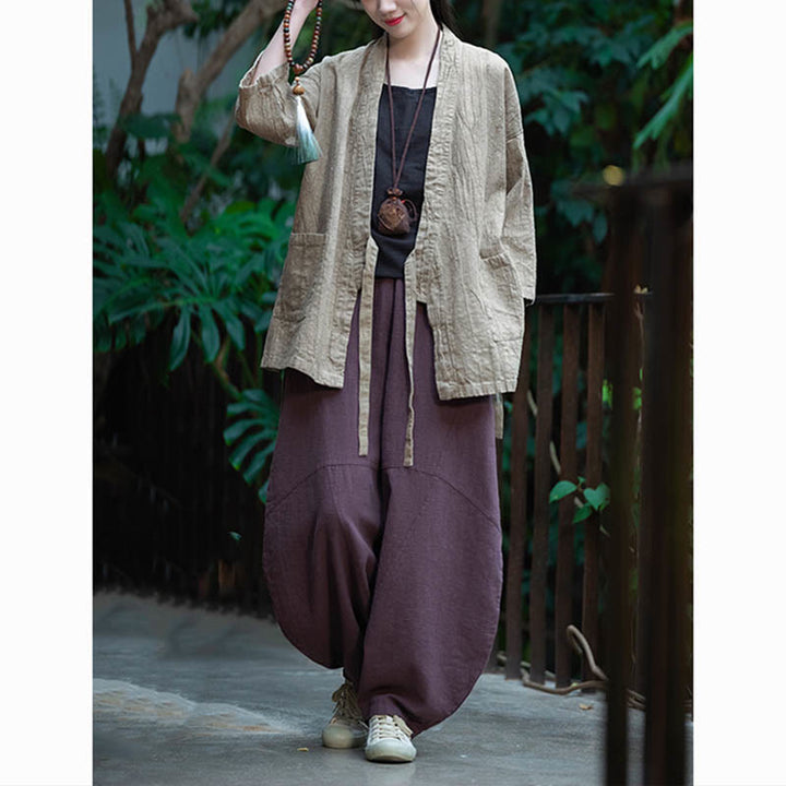 Buddha Stones Hanfu Design Płaszcz z lnu ramia z rękawami trzy czwarte i otwartym przodem - image 10