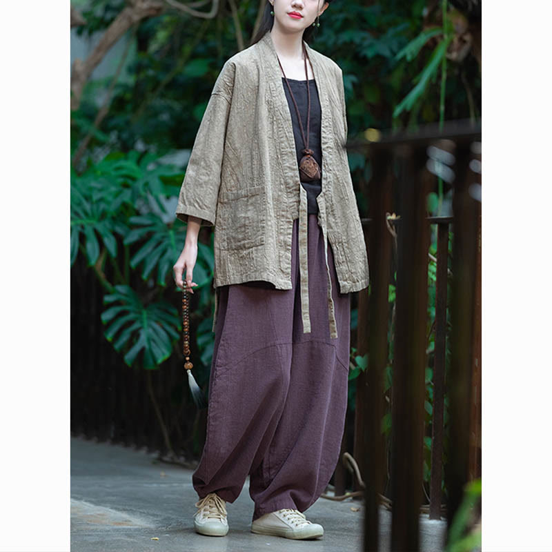Buddha Stones Hanfu Design Płaszcz z lnu ramia z rękawami trzy czwarte i otwartym przodem - image 9