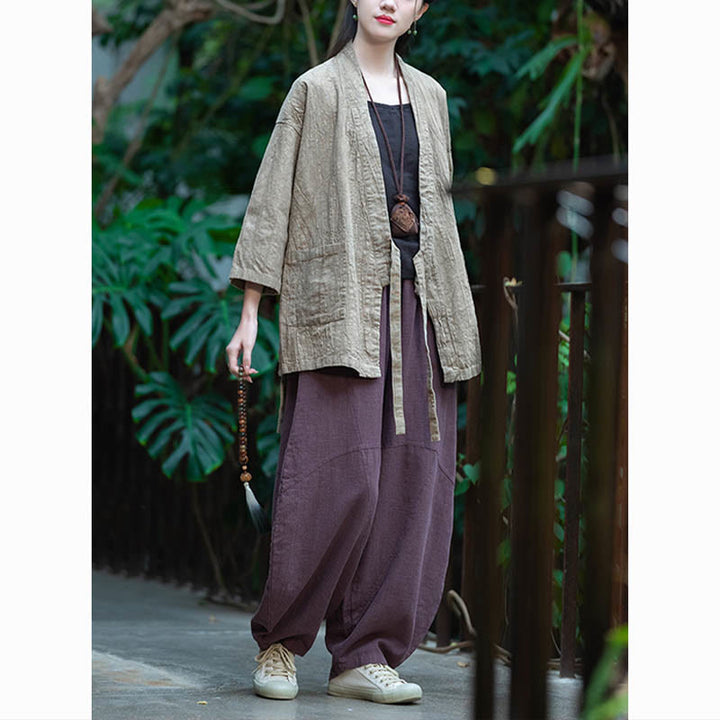 Buddha Stones Hanfu Design Płaszcz z lnu ramia z rękawami trzy czwarte i otwartym przodem - image 9