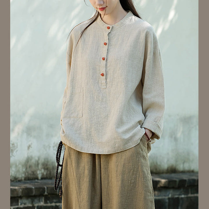 Bluzka z długim rękawem i luźnym guzikiem w jednolitym kolorze z Buddha Stones - image 14