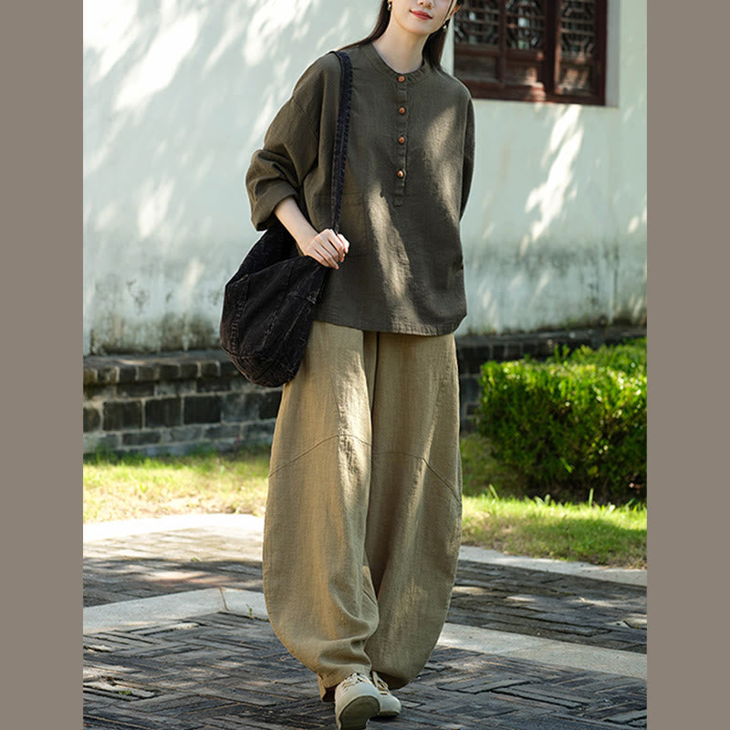 Bluzka z długim rękawem i luźnym guzikiem w jednolitym kolorze z Buddha Stones - image 26