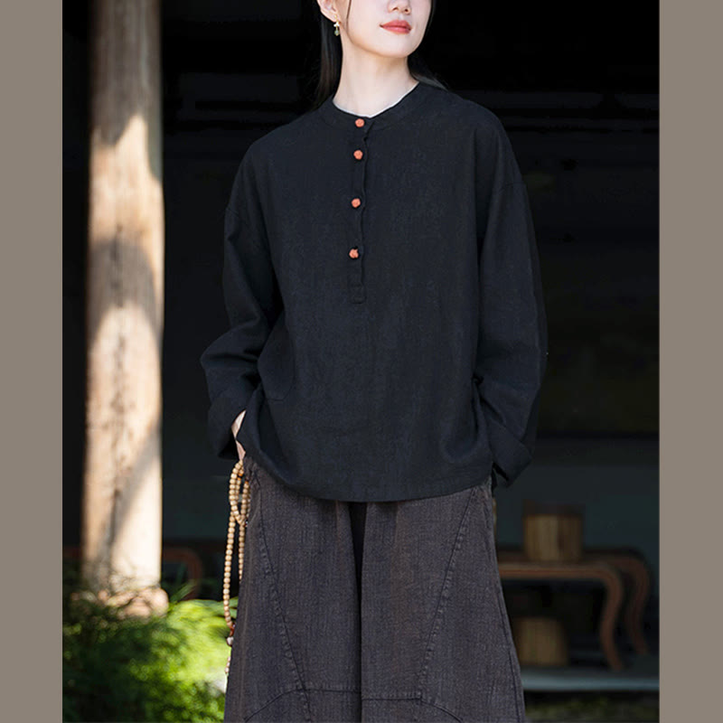 Bluzka z długim rękawem i luźnym guzikiem w jednolitym kolorze z Buddha Stones - image 31