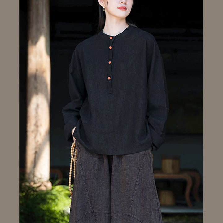 Bluzka z długim rękawem i luźnym guzikiem w jednolitym kolorze z Buddha Stones - image 31