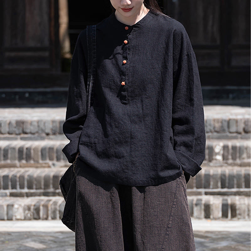 Bluzka z długim rękawem i luźnym guzikiem w jednolitym kolorze z Buddha Stones - image 29