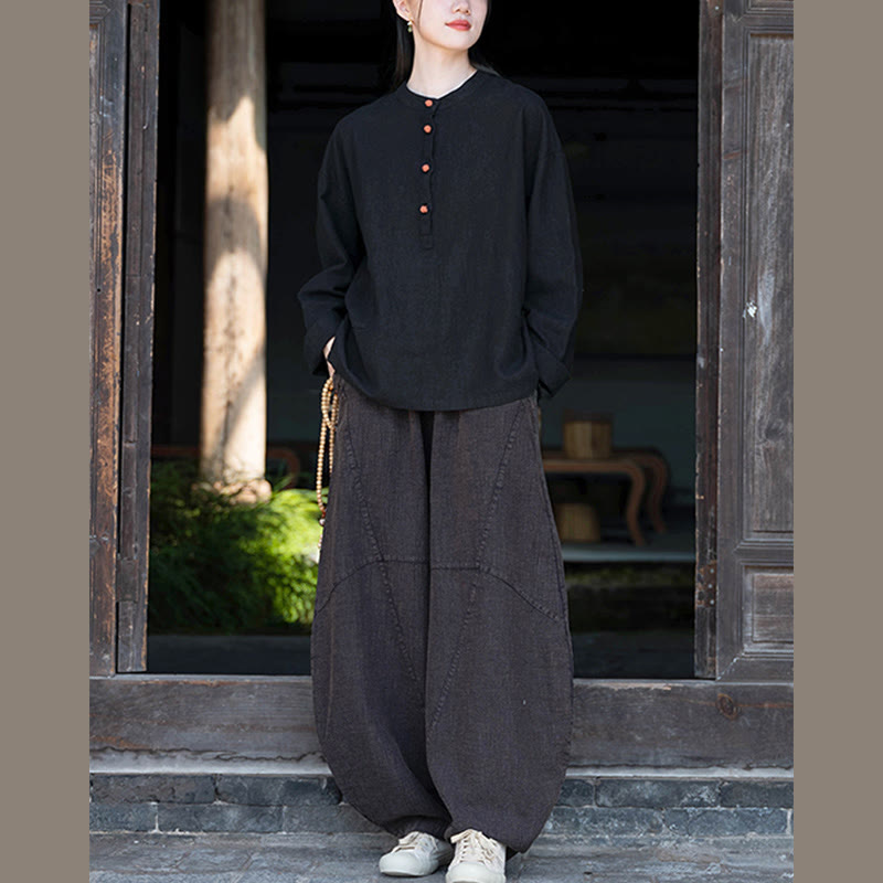 Bluzka z długim rękawem i luźnym guzikiem w jednolitym kolorze z Buddha Stones - image 37