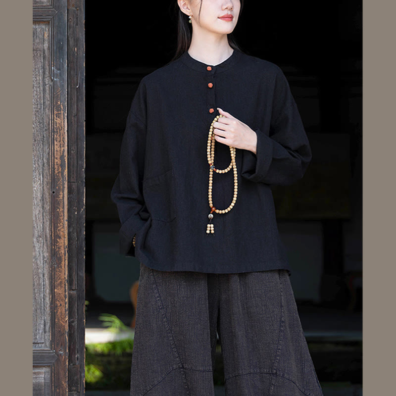 Bluzka z długim rękawem i luźnym guzikiem w jednolitym kolorze z Buddha Stones - image 35