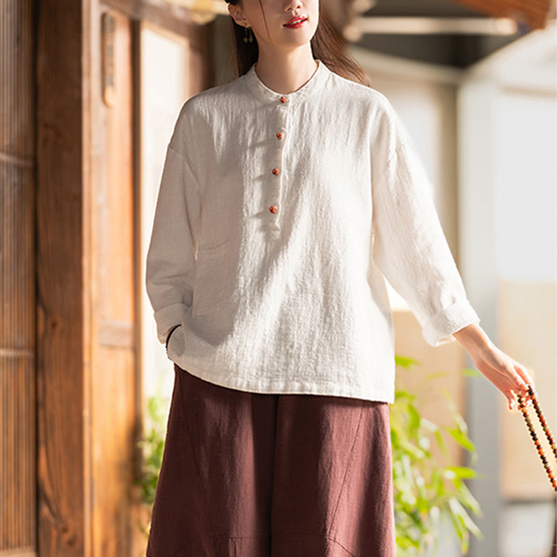 Bluzka z długim rękawem i luźnym guzikiem w jednolitym kolorze z Buddha Stones - image 4