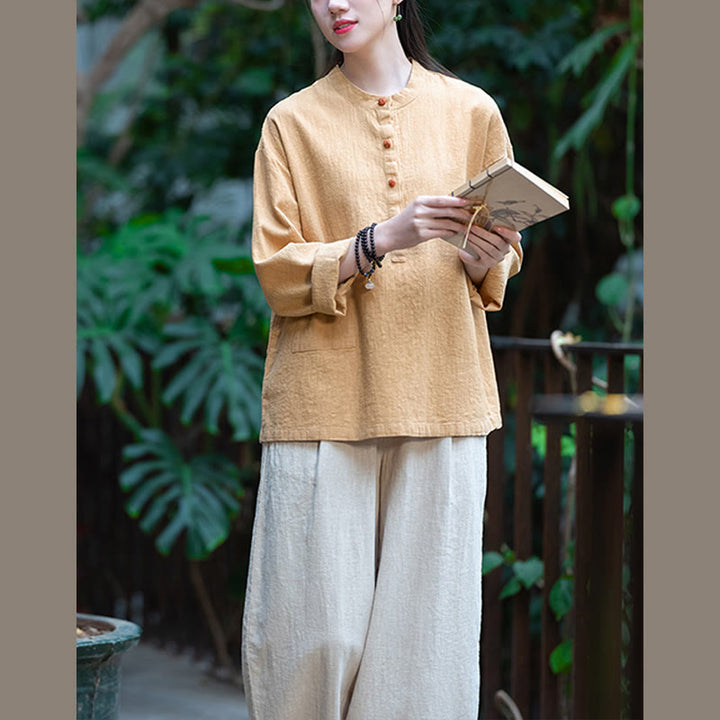 Bluzka z długim rękawem i luźnym guzikiem w jednolitym kolorze z Buddha Stones - image 43