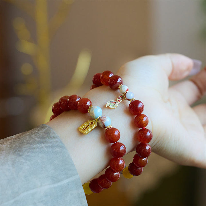 Buddha Stones Naturalny Czerwony Agat Talizman Pokoju Fu Charakter Smok Ogon Pewność Bransoletka Charm