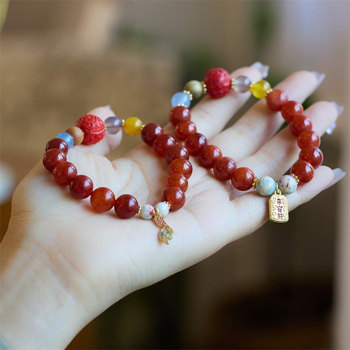 Buddha Stones Naturalny Czerwony Agat Talizman Pokoju Fu Charakter Smok Ogon Pewność Bransoletka Charm