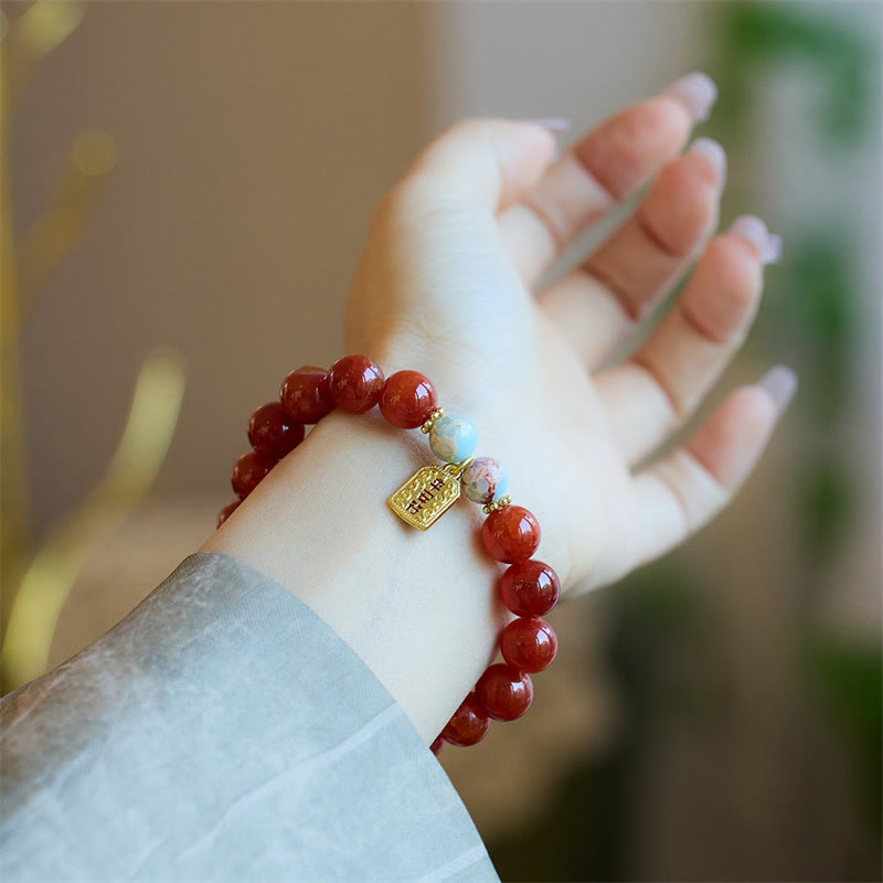 Buddha Stones Naturalny Czerwony Agat Talizman Pokoju Fu Charakter Smok Ogon Pewność Bransoletka Charm