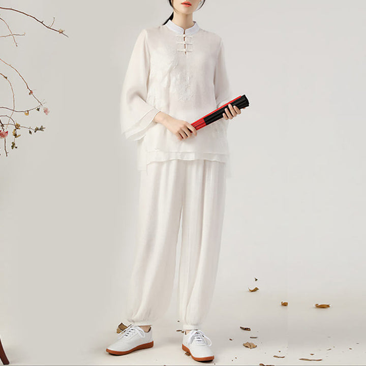 Buddha Stones 2 szt. Długi rękaw Żaba-guzik Medytacja Modlitwa Zen Praktyka Tai Chi Jednolity Ubiór Damski Zestaw - Biały stójka (top i spodnie) - US8-10，UK/AU12-14，EU40-42 (2XL) - image 5