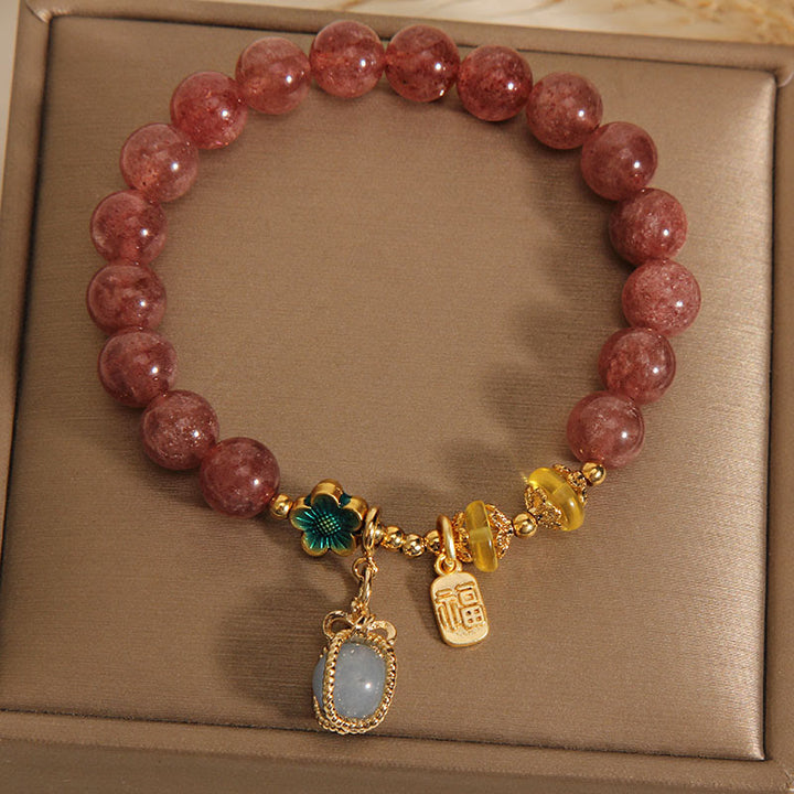 Buddha Stones Naturalny Kryształ Kwarcowy Truskawkowy Akwamaryn Bransoletka Fortune Brand Love