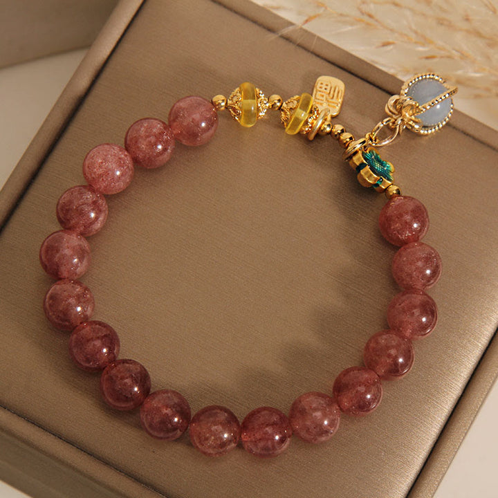 Buddha Stones Naturalny Kryształ Kwarcowy Truskawkowy Akwamaryn Bransoletka Fortune Brand Love