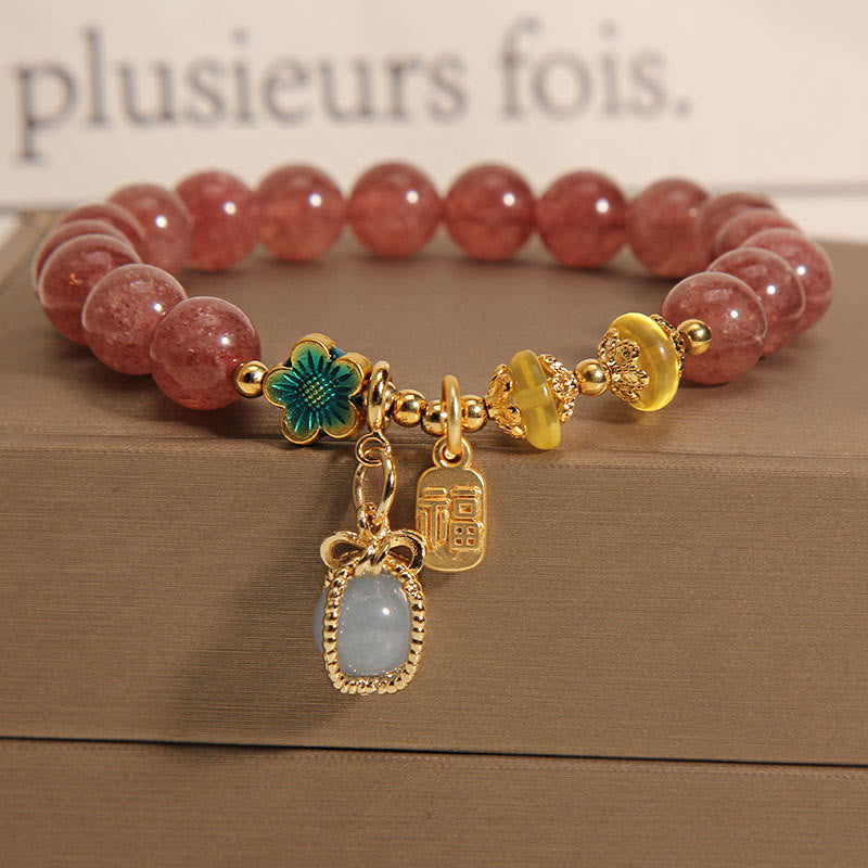 Buddha Stones Naturalny Kryształ Kwarcowy Truskawkowy Akwamaryn Bransoletka Fortune Brand Love