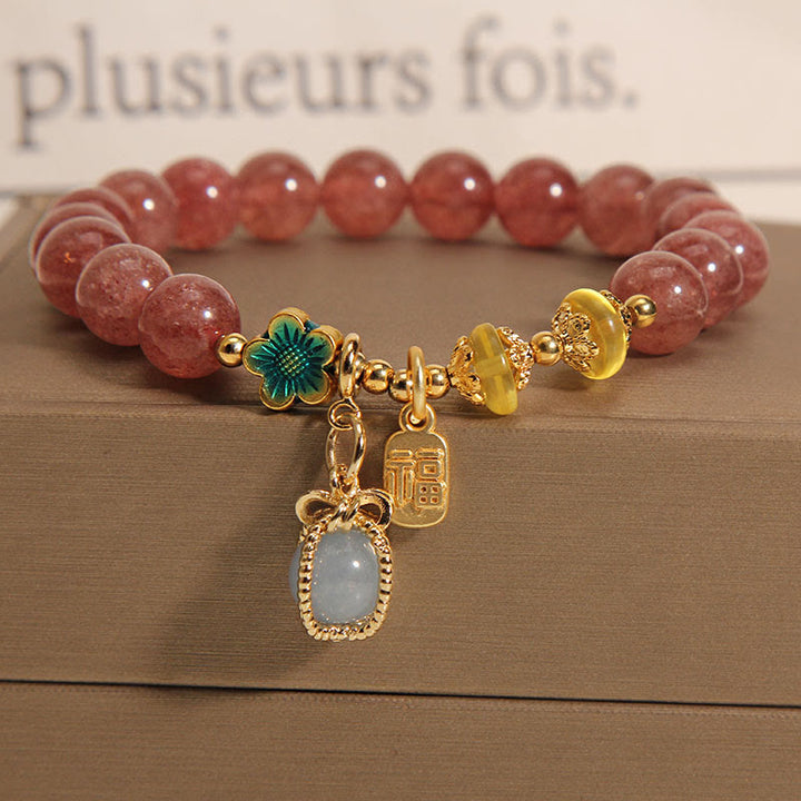 Buddha Stones Naturalny Kryształ Kwarcowy Truskawkowy Akwamaryn Bransoletka Fortune Brand Love