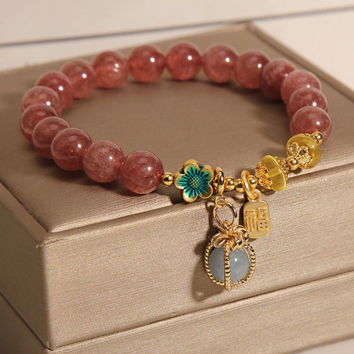 Buddha Stones Naturalny Kryształ Kwarcowy Truskawkowy Akwamaryn Bransoletka Fortune Brand Love