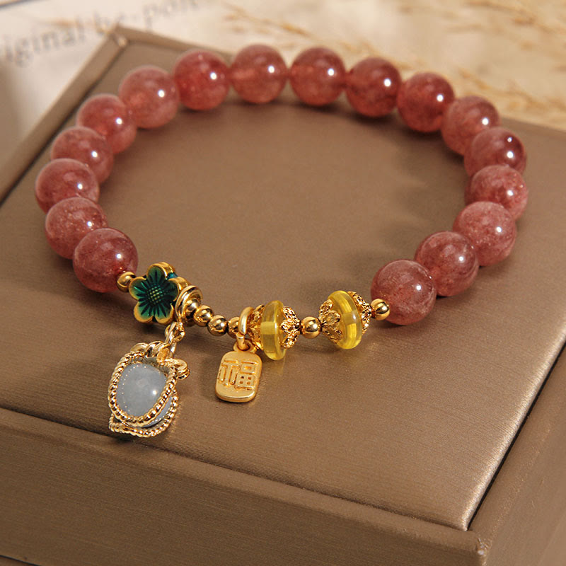 Buddha Stones Naturalny Kryształ Kwarcowy Truskawkowy Akwamaryn Bransoletka Fortune Brand Love