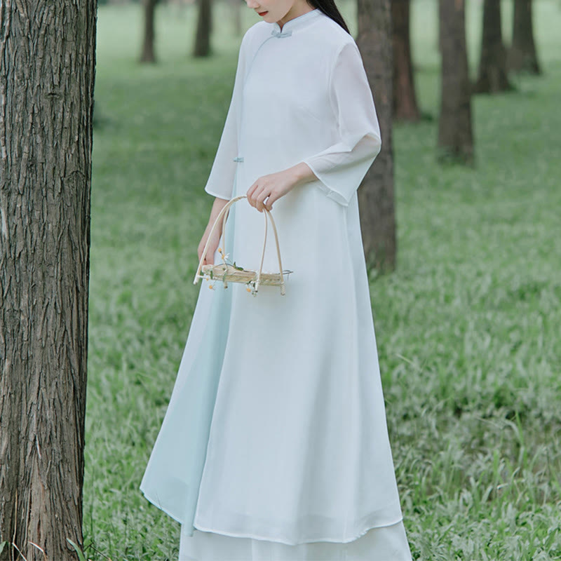 Buddha Stones Trzy czwarte rękaw szyfon Cheongsam Midi sukienka szerokie nogawki spodnie medytacja zen praktyka odzież - image 1