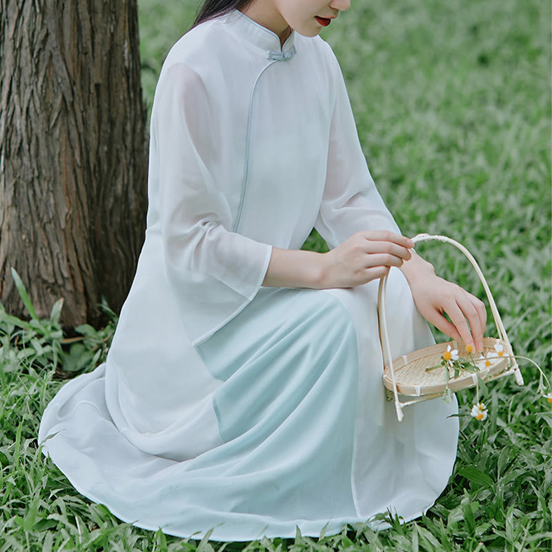 Buddha Stones Trzy czwarte rękaw szyfon Cheongsam Midi sukienka szerokie nogawki spodnie medytacja zen praktyka odzież