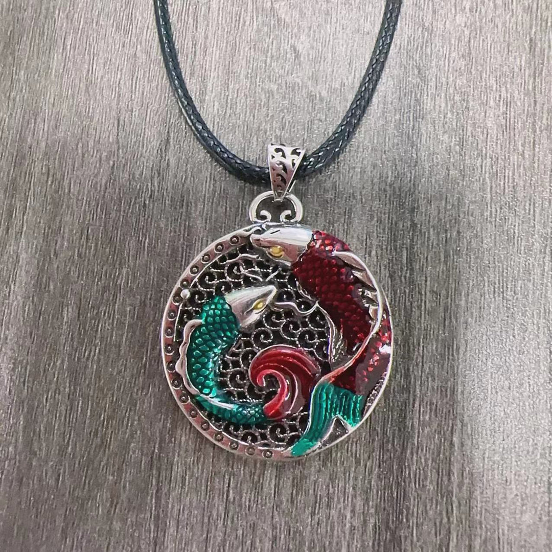 Buddha Stones Tybetański Miedziany Naszyjnik Uzdrawiający Ryba Koi