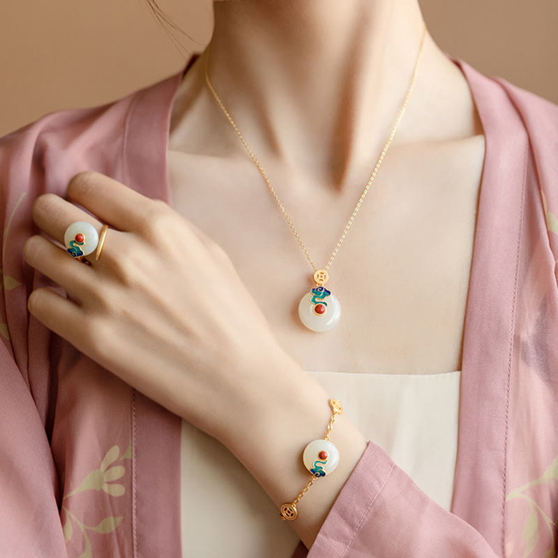 Buddha Stones Jade Miedź Monety Pomyślne Chmury Naszyjnik Dobrobytu Wisiorek Bransoletka Pierścień Kolczyki