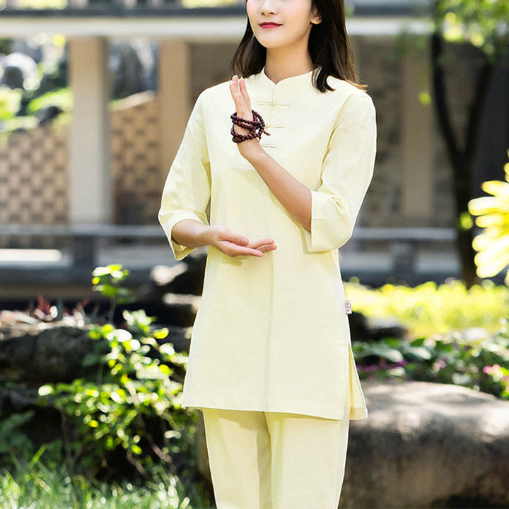 Buddha Stones 2 szt. Koszula z krótkim rękawem Top Spodnie Medytacja Zen Tai Chi Bawełna Lniana Odzież Damska Zestaw - Żółty (top i spodnie) - US8-10，UK/AU12-14，EU40-42 (2XL) - image 19