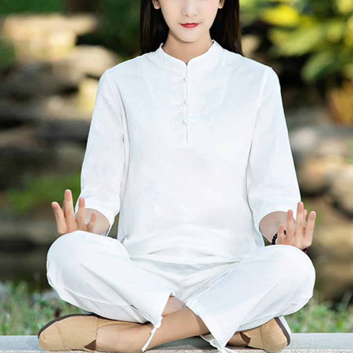 Buddha Stones 2 szt. Koszula z krótkim rękawem Top Spodnie Medytacja Zen Tai Chi Bawełna Lniana Odzież Damska Zestaw - image 13