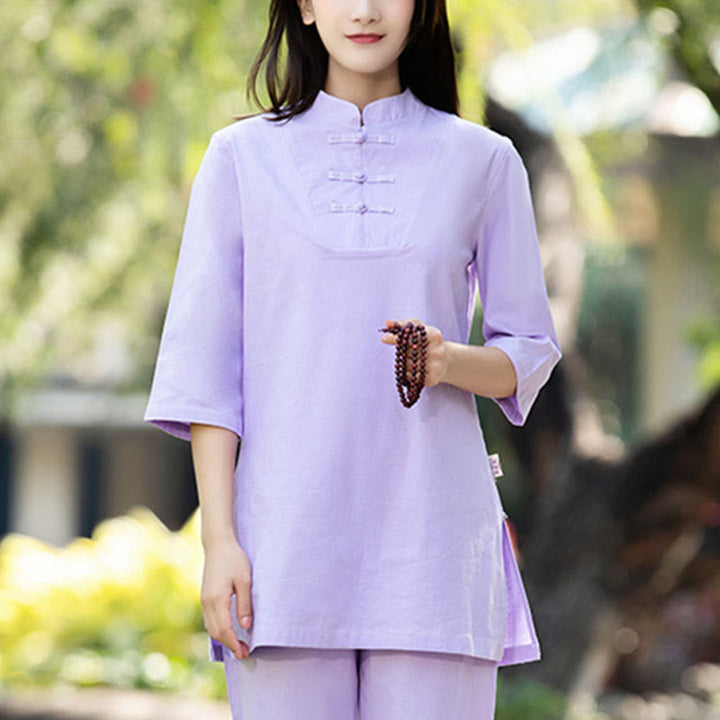 Buddha Stones 2 szt. Koszula z krótkim rękawem Top Spodnie Medytacja Zen Tai Chi Bawełna Lniana Odzież Damska Zestaw - image 10