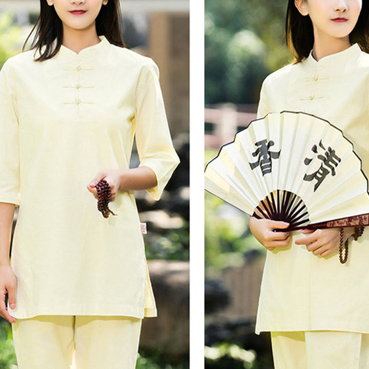 Buddha Stones 2 szt. Koszula z krótkim rękawem Top Spodnie Medytacja Zen Tai Chi Bawełna Lniana Odzież Damska Zestaw - image 21