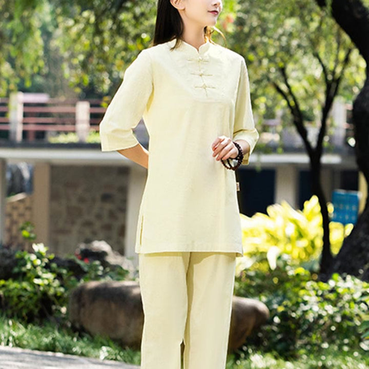 Buddha Stones 2 szt. Koszula z krótkim rękawem Top Spodnie Medytacja Zen Tai Chi Bawełna Lniana Odzież Damska Zestaw - image 20