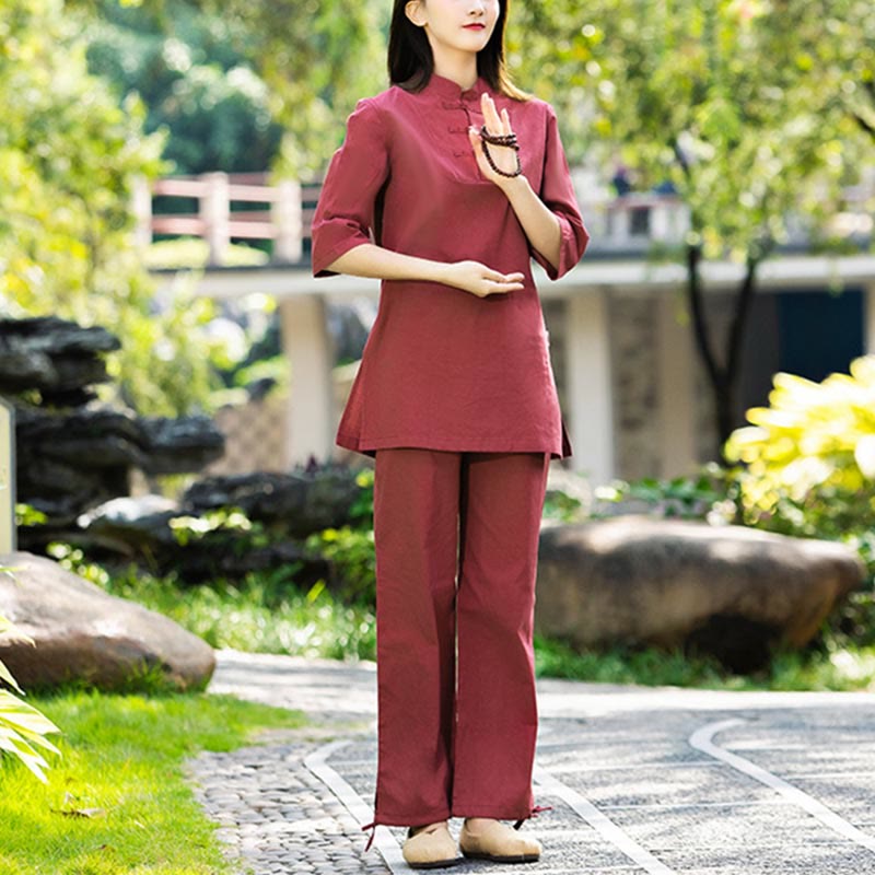 Buddha Stones 2 szt. Koszula z krótkim rękawem Top Spodnie Medytacja Zen Tai Chi Bawełna Lniana Odzież Damska Zestaw - image 5