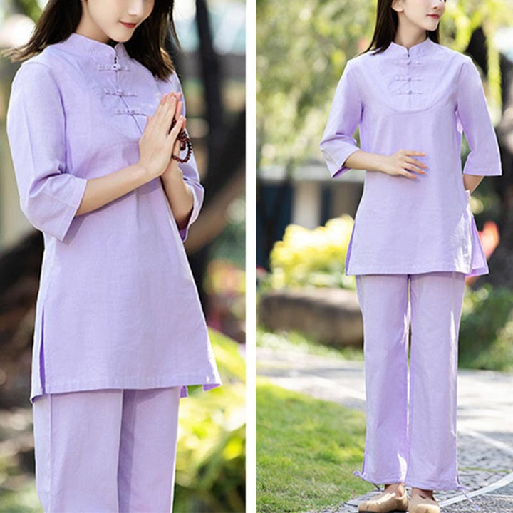 Buddha Stones 2 szt. Koszula z krótkim rękawem Top Spodnie Medytacja Zen Tai Chi Bawełna Lniana Odzież Damska Zestaw - image 11