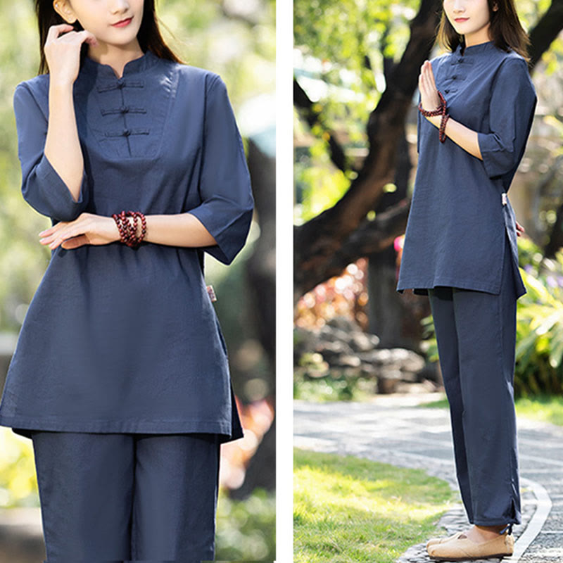 Buddha Stones 2 szt. Koszula z krótkim rękawem Top Spodnie Medytacja Zen Tai Chi Bawełna Lniana Odzież Damska Zestaw - image 1