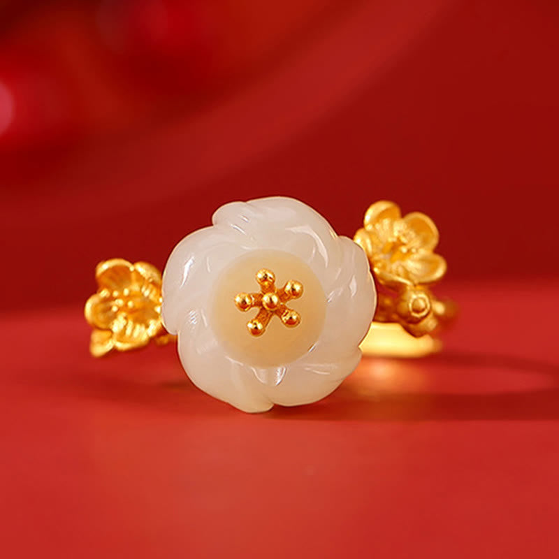Buddha Stones 925 Srebro Sterlingowe Pozłacane Hetian Jade Plum Blossom Naszyjnik Wisiorek Bransoletka Pierścień