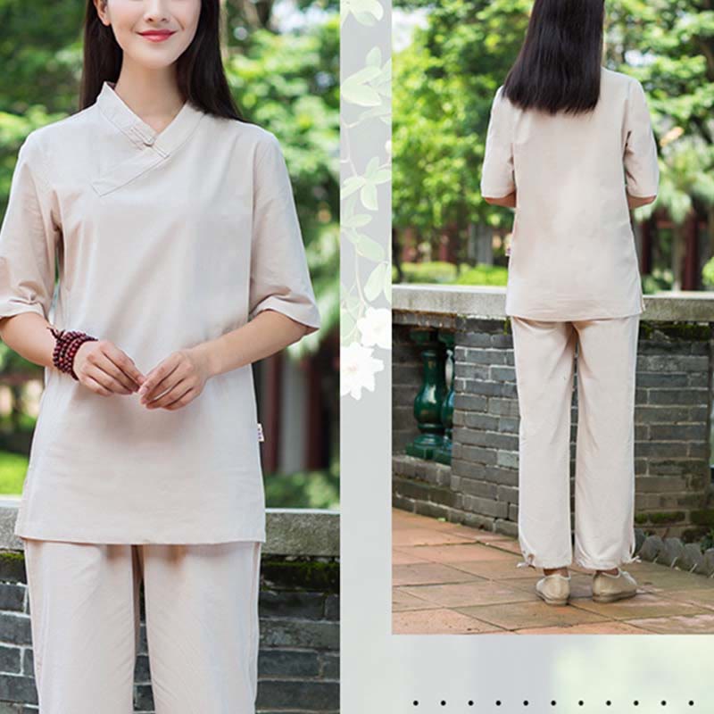 Buddha Stones 2 szt. Półrękaw, dekolt w serek, koszula, spodnie, medytacja, zen, tai chi, lniana odzież damska - image 2