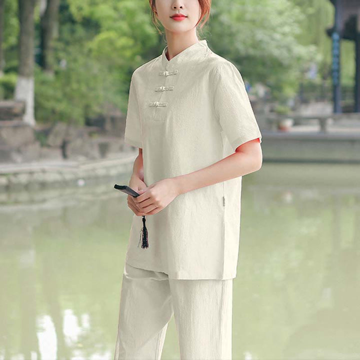 Buddha Stones 2 szt. damska koszulka z krótkim rękawem top T-shirt spodnie medytacja zen tai chi bawełna lniana odzież zestaw - Beżowy (top i spodnie) - US18, UK/AU22, EU50 (6XL) - image 6