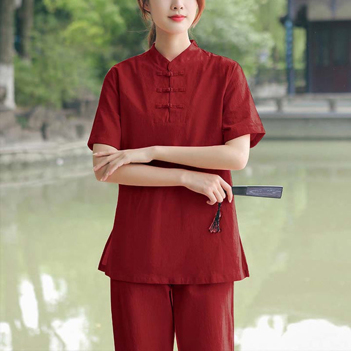 Buddha Stones 2 szt. damska koszulka z krótkim rękawem top T-shirt spodnie medytacja zen tai chi bawełna lniana odzież zestaw - Burgundowy (top i spodnie) - US18, UK/AU22, EU50 (6XL) - image 8