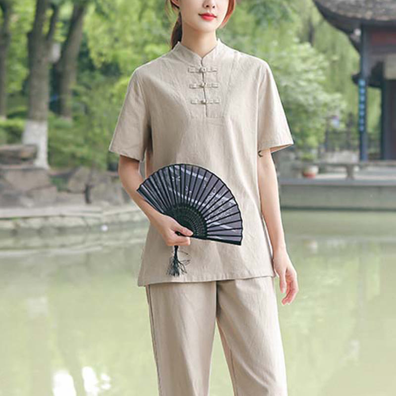 Buddha Stones 2 szt. damska koszulka z krótkim rękawem top T-shirt spodnie medytacja zen tai chi bawełna lniana odzież zestaw - image 1