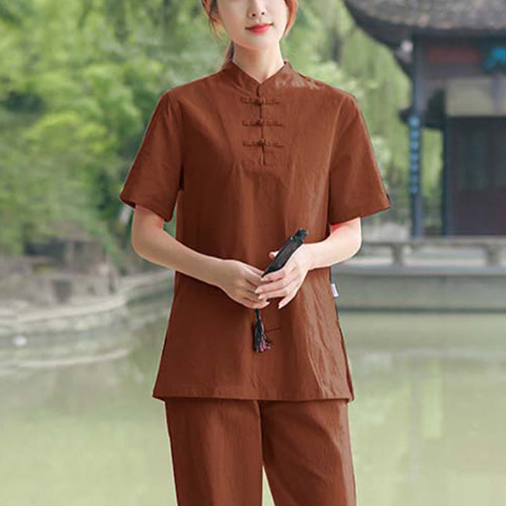 Buddha Stones 2 szt. damska koszulka z krótkim rękawem top T-shirt spodnie medytacja zen tai chi bawełna lniana odzież zestaw - Brązowy (top i spodnie) - US18, UK/AU22, EU50 (6XL) - image 11