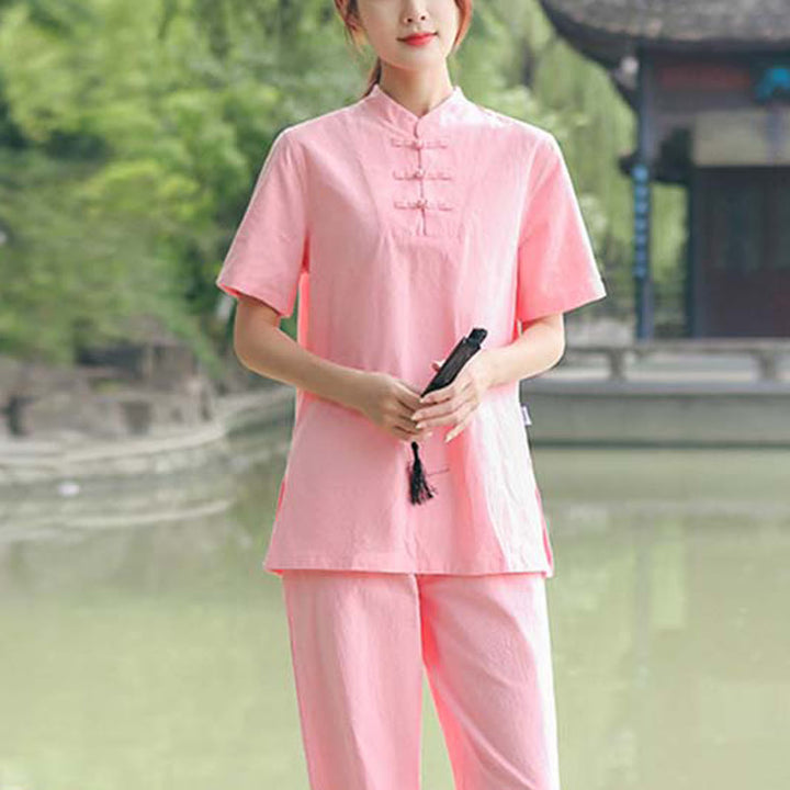 Buddha Stones 2 szt. damska koszulka z krótkim rękawem top T-shirt spodnie medytacja zen tai chi bawełna lniana odzież zestaw - Różowy (top i spodnie) - US18, UK/AU22, EU50 (6XL) - image 12