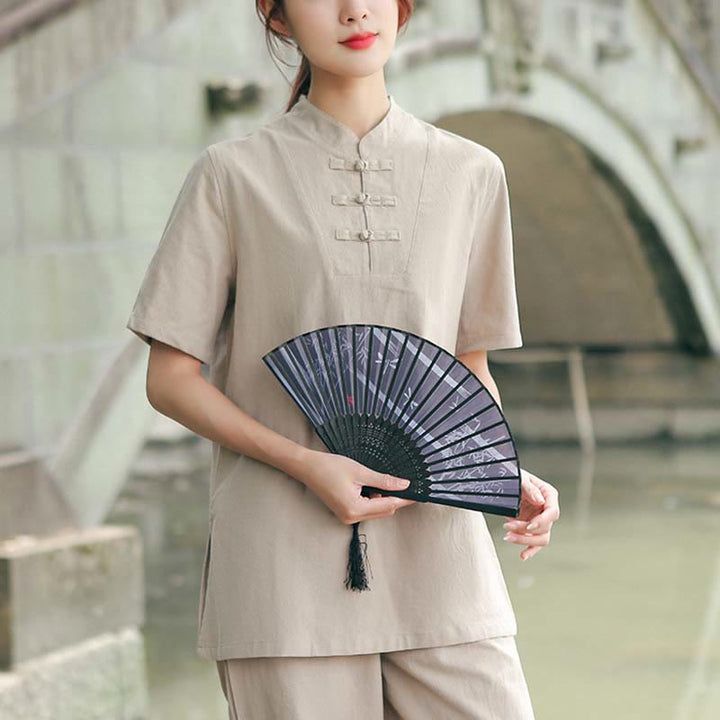 Buddha Stones 2 szt. damska koszulka z krótkim rękawem top T-shirt spodnie medytacja zen tai chi bawełna lniana odzież zestaw - Khaki (top i spodnie) - US18, UK/AU22, EU50 (6XL) - image 0