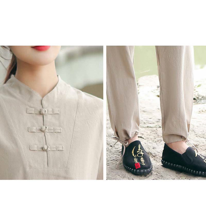 Buddha Stones 2 szt. damska koszulka z krótkim rękawem top T-shirt spodnie medytacja zen tai chi bawełna lniana odzież zestaw - image 2