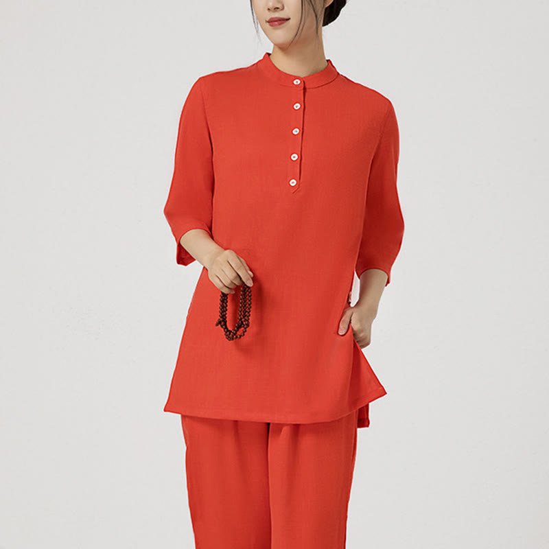 Buddha Stones 2 szt. Jednolity kolor Trzy czwarte koszula Top spodnie Medytacja Zen Tai Chi bawełna len odzież damska zestaw