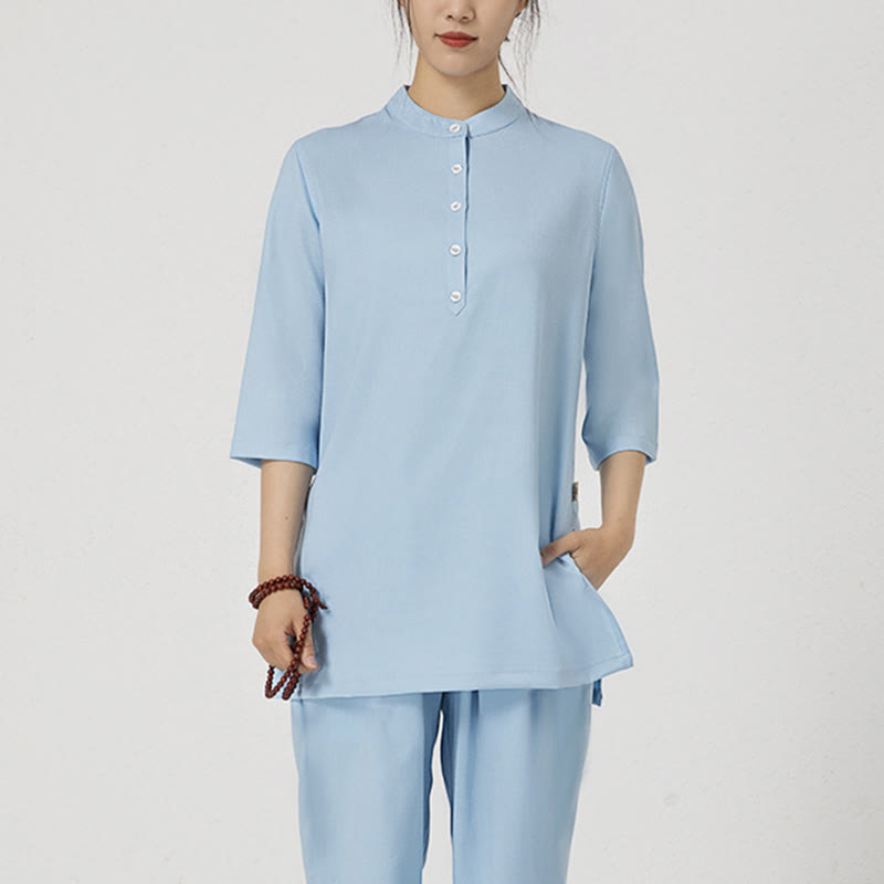 Buddha Stones 2 szt. Jednolity kolor Trzy czwarte koszula Top spodnie Medytacja Zen Tai Chi bawełna len odzież damska zestaw