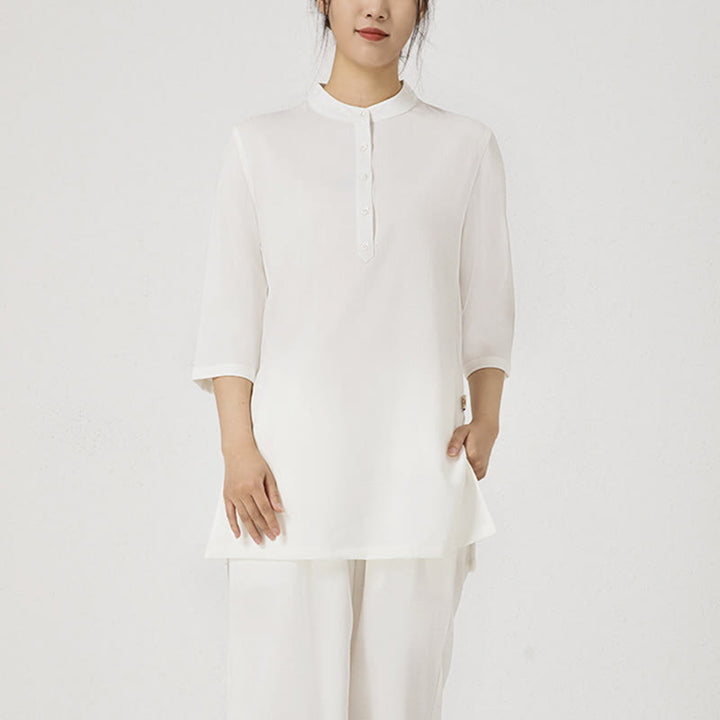 Buddha Stones 2 szt. Jednolity kolor Trzy czwarte koszula Top spodnie Medytacja Zen Tai Chi bawełna len odzież damska zestaw