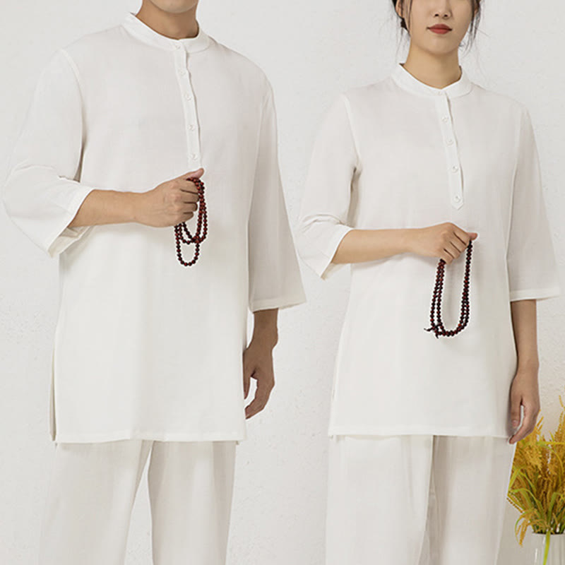 Buddha Stones 2 szt. Jednolity kolor Trzy czwarte koszula Top spodnie Medytacja Zen Tai Chi bawełna len odzież damska zestaw