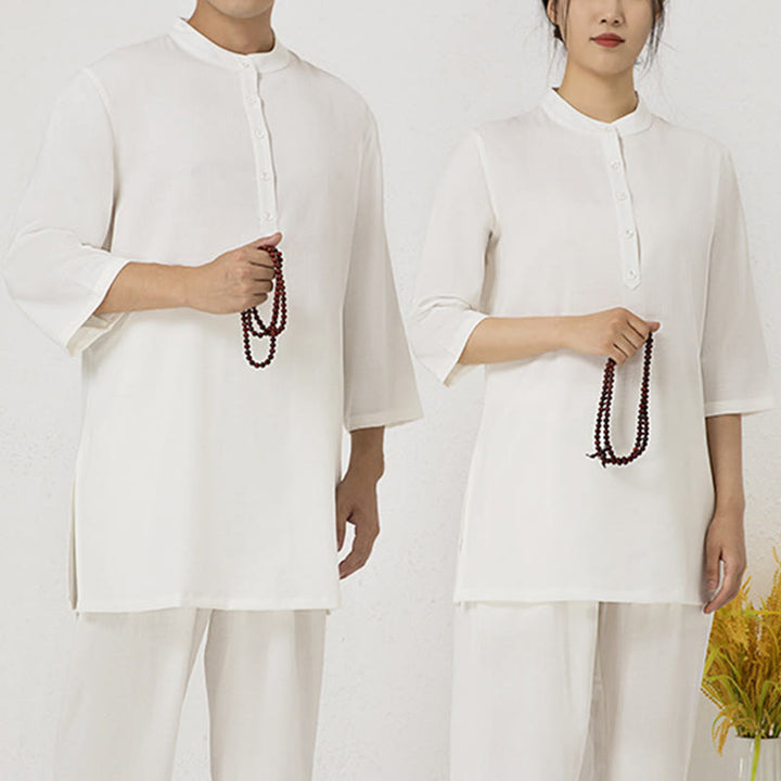 Buddha Stones 2 szt. Jednolity kolor Trzy czwarte koszula Top spodnie Medytacja Zen Tai Chi bawełna len odzież damska zestaw