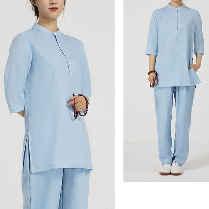 Buddha Stones 2 szt. Jednolity kolor Trzy czwarte koszula Top spodnie Medytacja Zen Tai Chi bawełna len odzież damska zestaw